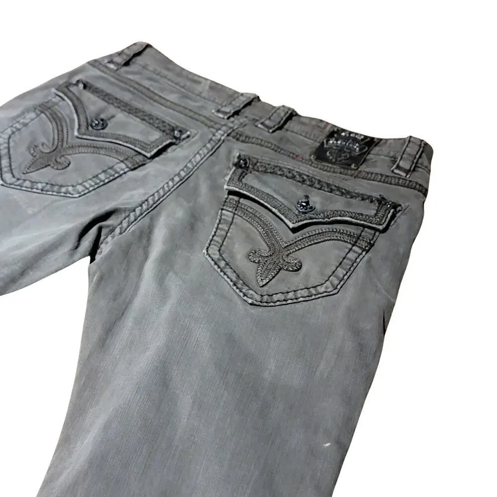 ROCK REVIVAL Gray Ben Straight Leather Detail Jeans Mens 36 Rebel Biker 90's
